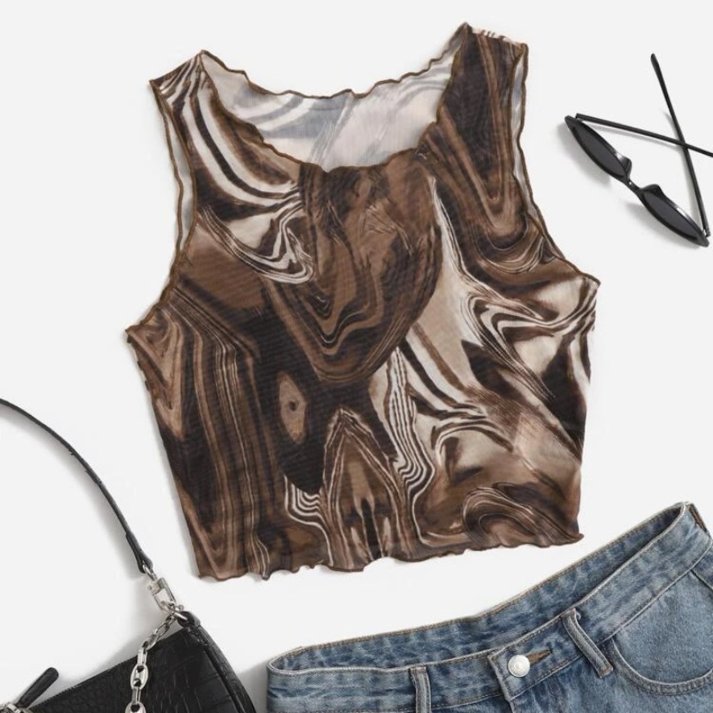 Marble print lettuce trim tank top